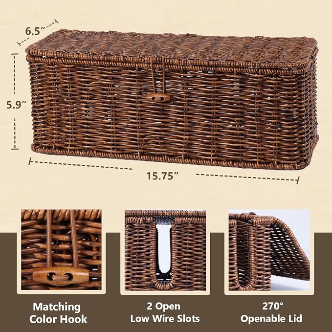 BROWNLILY Cable Management Box, Rattan Style Cord Organizer for Desk Cord Hider Outlet Covers for Power Strip TV PC Router Charger Under Desk Storage with Lockable Lid and Cable Ties