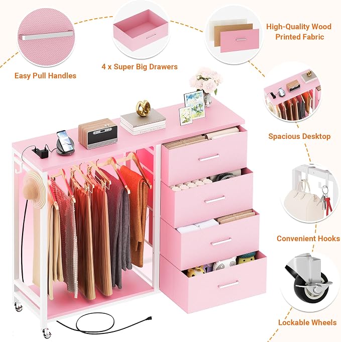 Cyclysio Storage Clothes Rack with 4 Drawers, Garment Rack with Charging Station & LED Lights, Fabric Chest Shelves Clothing Rack, Wooden Portable Wardrobe Closet