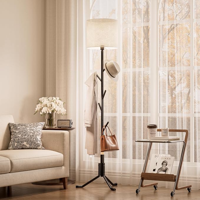 Freestanding Coat Rack Stand with LED Light, Metal Standing Floor Lamp, Hall Tree Clothing Hat Purse Bag Scarves Hanger with 5 Hooks for Bedroom, Hallway, Entrance, Entryway Office Organizer Furniture