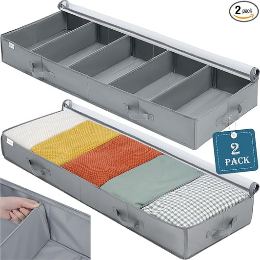 Under Bed Storage Containers, 2 Pack Under the Bed Bags, Clear Underbed Storage Bins with Sturdy | Adjustable Dividers | Sidewalls | Bottom, Closet Organizer for Clothes Sheet Blankets, 47.5x16x6in