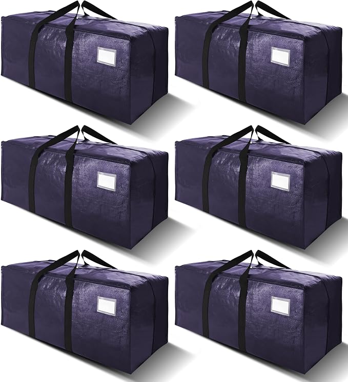 6 Pack Heavy Duty Extra Large Moving Bags W/Backpack Straps - Strong Handles & Zippers, Storage Totes For Space Saving, Fold Flat, Alternative to Box and Bin (40 gal, Blue)