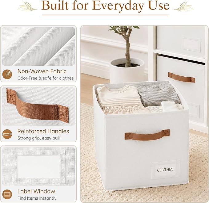 Storage Cubes 10 Pack, 11 Inch Fabric Storage Cubes Organizer Bins with Labels, Odor-Free & Sturdy PP Structure, Cubby Baskets for Closet, Shelves, Toys & Nursery (White)
