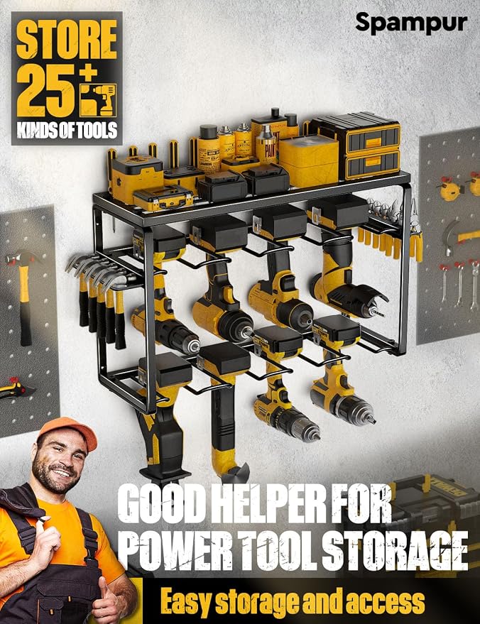 Spampur Power Tool Organizer, 8 Drill Holders Wall Mount, 3 Layer Heavy Duty Metal Storage for Garage Organization, Tools Storage with Hooks, Screwdriver Hammer Holder, Father's Day Mens Birthday Gift | Garage Organization, Tools Storage with Hooks, Sc...
