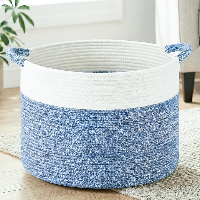 Artfeel 40L Large Cotton Rope Basket, Decorative Woven Blanket Storage for Living Room, Boho Toy Storage & Toy Box for Kids, Versatile Laundry Basket & Nursery Hamper for Blankets(DenimBlue)