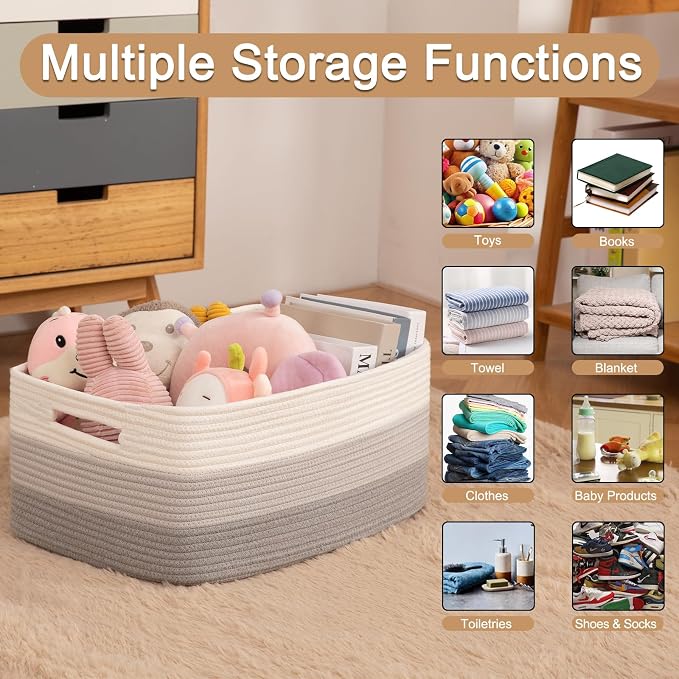 OIASKET Large Storage Basket for Organizing, Woven Rope Basket for Shelves, Closet Organizer Bins for Clothes, Blanket, Toys, Baby Nursery Storage, 17.7" x 13" x 7.87", 2 Packs Gradient Grey