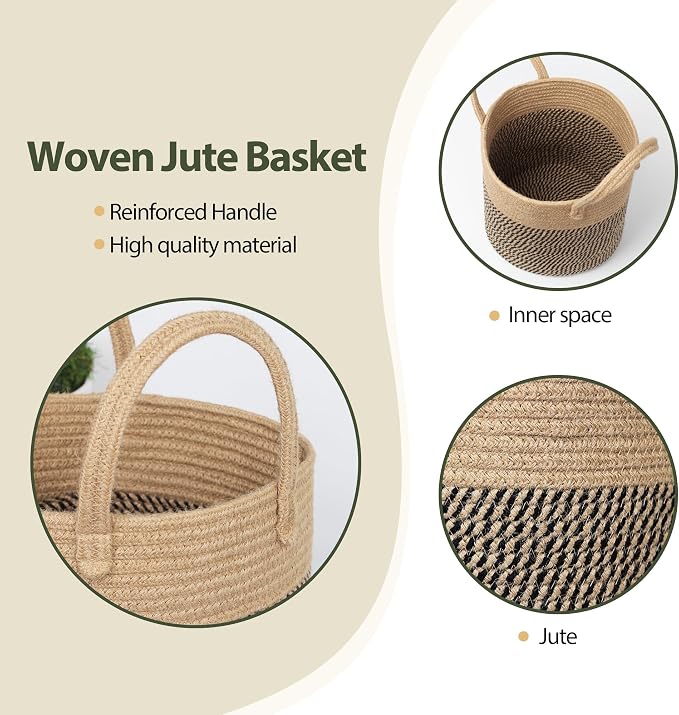 Round Wicker Basket with Handle, 11" Woven Jute Plant Basket for 10" Pot, Indoor Boho Tree Planter, Decorative Flower Pot Cover, Rustic Holder for Plants, Shoe Bin for Entryway, Black Stripes