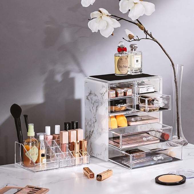 Sorbus Acrylic Makeup Organizer Set, 7-Drawer Vanity & Countertop Cosmetic Storage with Small & Wide Compartments, Marble Print Makeup Storage for Brushes, Jewelry – Holiday Gift for Women & Teens
