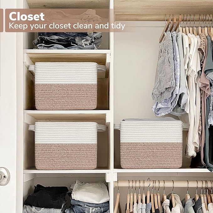 Goodpick Cotton Rope Storage Basket with Handles, 13" x 10" x 9", Brown | Toy, Book & Towel Storage, Closet & Shelves Organization, Decorative Rectangle Woven Design, Home Decor