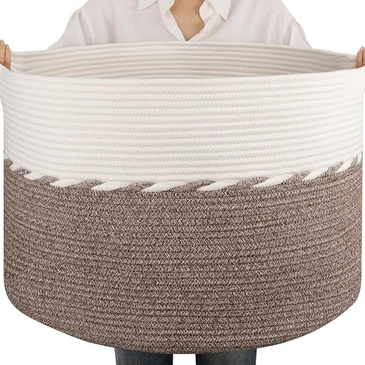 OIAHOMY 105L Extra Large Blanket Basket - Decorative Cotton Rope Storage Basket for Bedroom, Living Room & Nursery - Woven Laundry Hamper for Organizing Blankets, Clothes & Toys - Brown & White