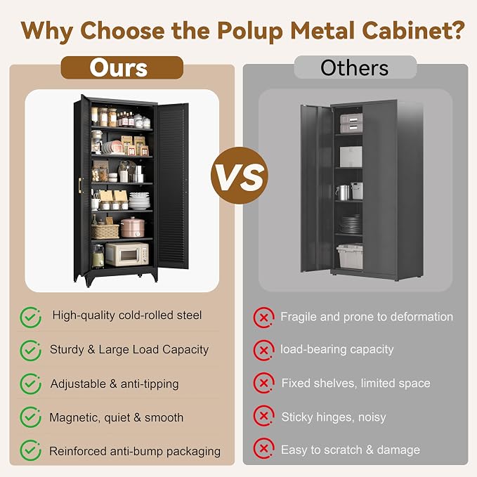 Polup 75" Pantry Cabinet, Tall Metal Storage Cabinet with Doors and Shelves | Black Kitchen Cabinet, 5 Adjustable Shelving, Heavy-Duty Steel, Louvered Doors, Gold Handles, for Garage Office & Laundry
