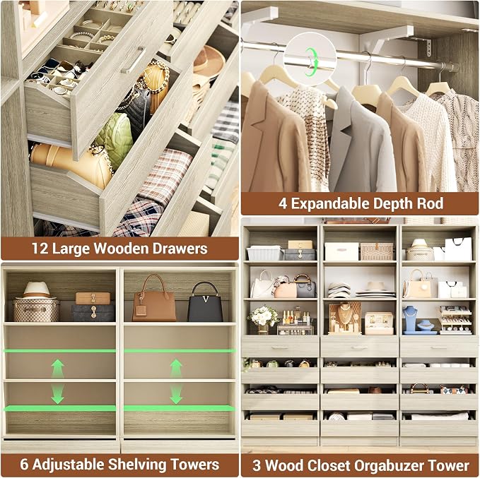 Aheaplus Closet System Set of 3, 138.5" Wood Closet Organizer System Tower with 12 Drawers & 4 Hanging Rods, 6.7+4.85Ft L Shaped Walk-in Closets Wardrobe Organizer Garment Rack with Shelf, White Oak3