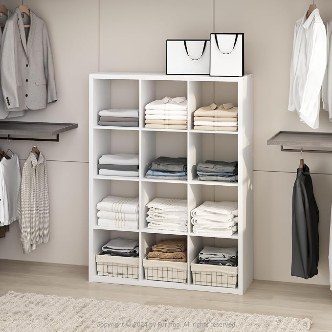 Furinno Cubic Extra Thick 12-Cube Closet Organizers and Storage, White | 14.6 x 44 x 58 in, Open Shelf Closet Storage, Closet Organizer, for Wardrobe, Bedroom, Living Room
