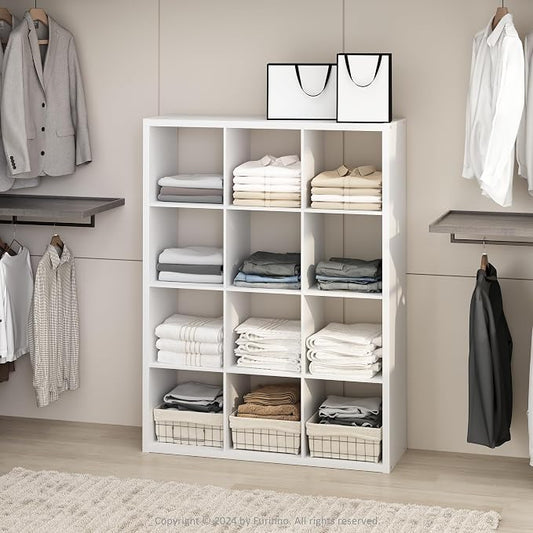 Furinno Cubic Extra Thick 12-Cube Closet Organizers and Storage, White | 14.6 x 44 x 58 in, Open Shelf Closet Storage, Closet Organizer, for Wardrobe, Bedroom, Living Room