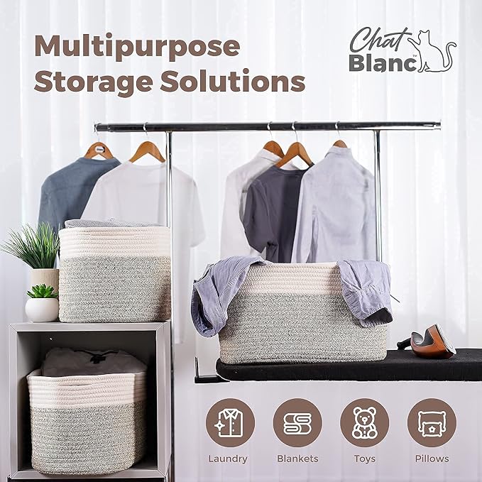 CHAT BLANC Cotton Rope Baskets for Organizing | Storage Baskets for Shelves | Rope Basket for Storage, Small Laundry Baskets, Woven Baskets for Storage, Dog Toy Bin, Baby Basket,Off White&Brown 3 Pack