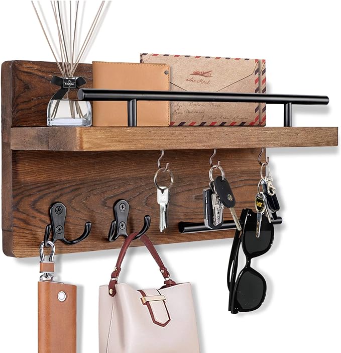 OurWarm Wall Mounted Key Holder/Hangers for Wall Decorative with 5 Key Hooks, Wooden Mail Rack Organizer with Shelf, Rustic Home Decor for Entryway Mudroom Hallway Office, Brown
