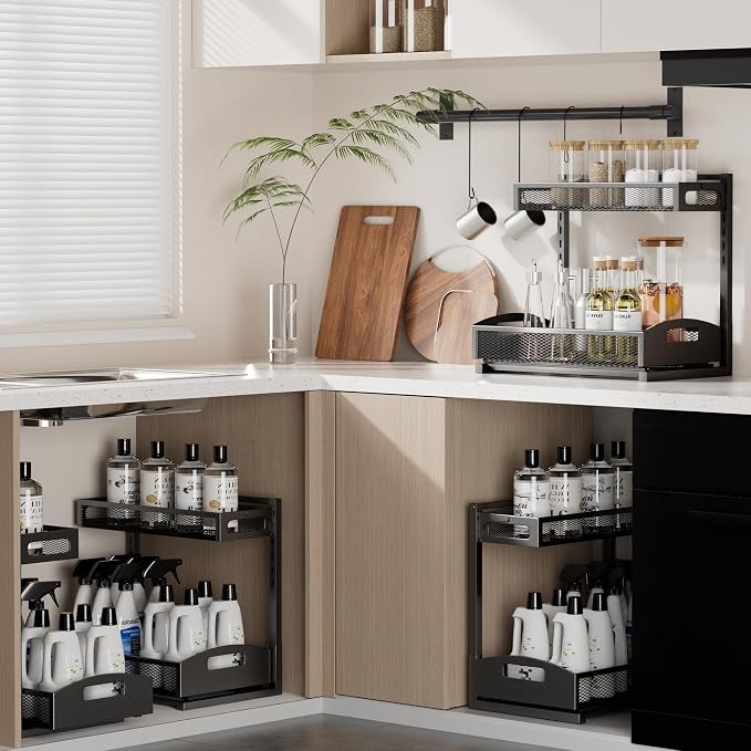 Petiza Under Sink Organizer,2 Pack Height Adjustable Under Sink Organizers and Storage, 2 Tier Under Sink Storage for Kitchen Bathroom Cabinet