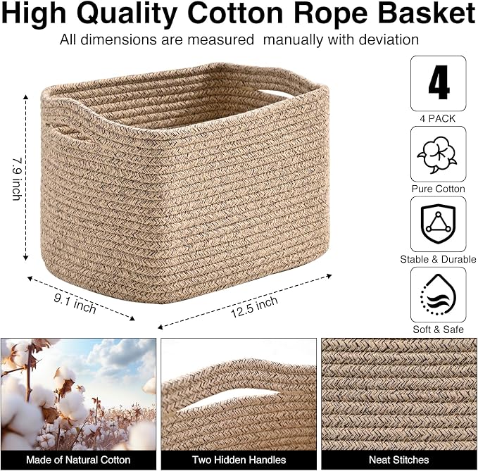 ICERZCZ Small Storage Baskets for Shelves Organizing, Woven Cotton Rope Baskets for Storage, Book Basket, Decorative Shelf Basket, 12.5"Lx9.1''Wx7.9''H (4 Packs) Mixed Brown