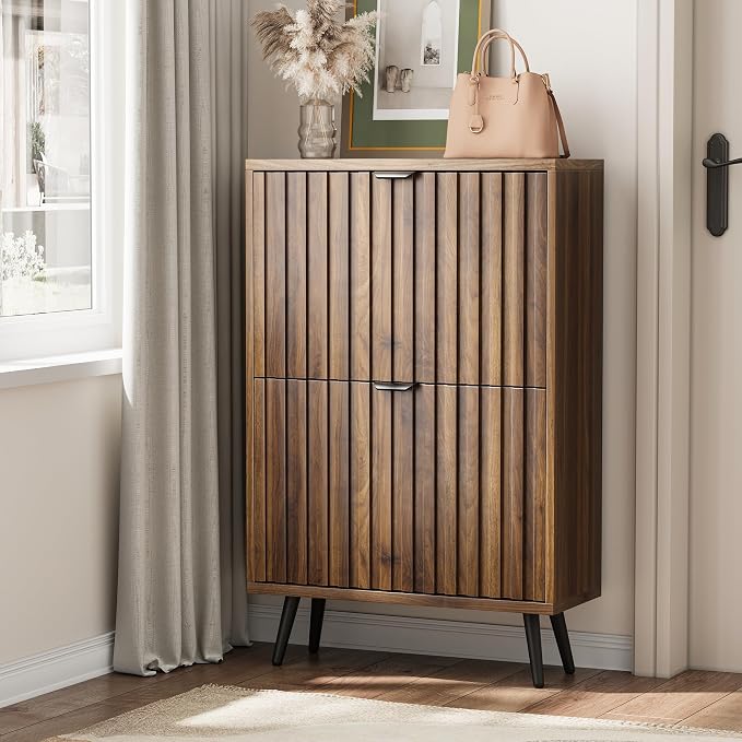 Smart FENDEE Fluted Shoe Storage for Entryway, Walnut Hidden Cabinet with Metal Legs, Organizer with Flip Doors, Slim Entryway Storage