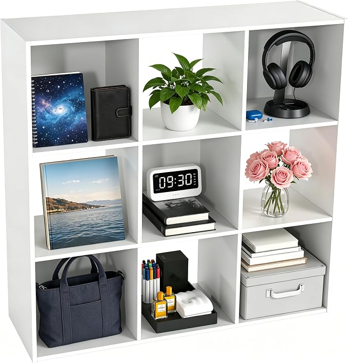 HealSmart 9 Cube Storage Organizer, 3 Tier Stackable Bookshelf, Open Cube Bookshelf with 5 Removable Back Panels, Suitable for Living Room, Bedroom, Home Office, 36" L X 11.6" W X 36" H, White