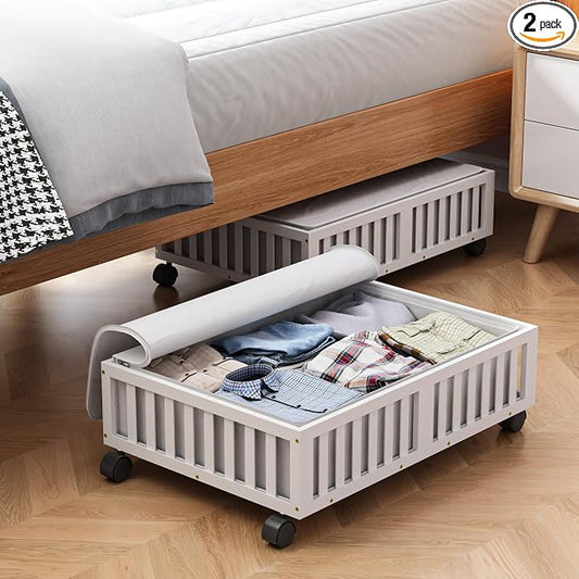 MHXW SXPN 2 Pack Bamboo Under Bed Storage Containers with Wheels, White | Underbed Drawer Storage with Bag, Wood Rolling Underbed Organizer for Shoes, Sheets Clothes Blanket Comforter, Under Crib Toy