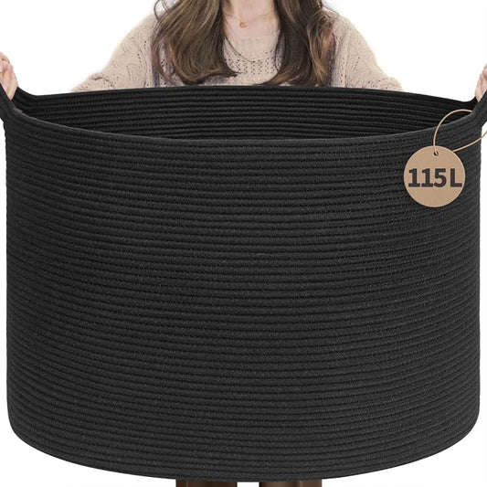 INDRESSME 115L Extra Large Woven Rope Blanket Basket Living Room, Black | 23.6" x 15.7" Storage baskets for toys laundry & pillows. Fits living room, bedroom or nursery décor. Soft-touch with handles