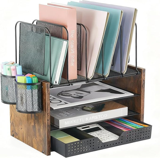 AUPSEN Desk Organizer with 5 Vertical File Holders, Storage Drawer & 2 Pen Holders, 5 Trays Paper Letter Tray Organizer, Mesh Desk Organizers and Accessories for Home Office (Vintage wood)