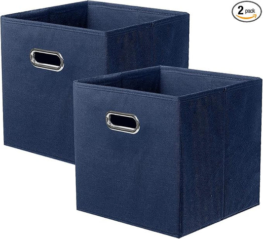 ShellKingdom Storage Bins, Foldable Fabric Storage Cubes with Metal Handle | Cloth Storage Organizer Drawer For Closet And Toys, 11 X 10.5 X 10.5 INCH, 2 Pack (Dark Blue)