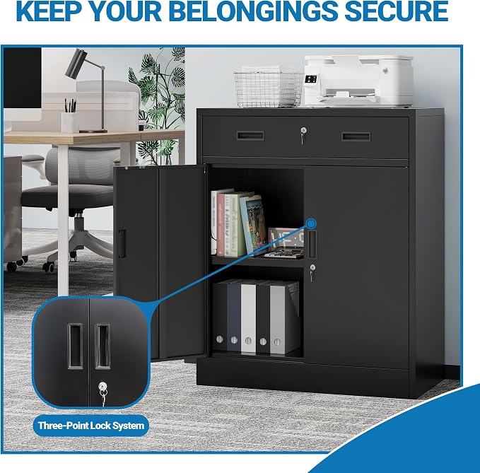 Metal Storage Cabinet, 36" Locking Cabinet with Adjustable Shelves for Garage, Office (Black, 1 Drawer)
