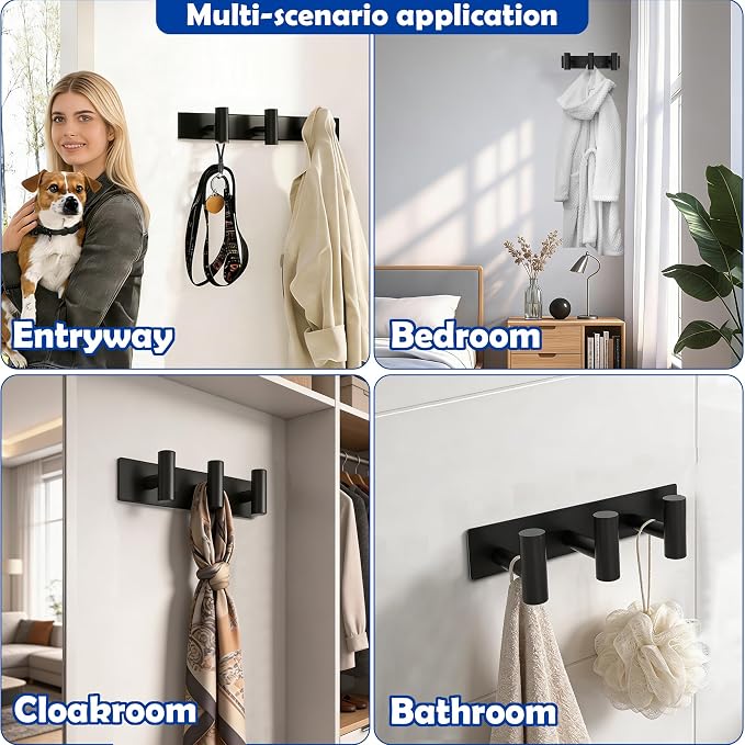 Matte Black Coat Rack Wall Mount - 3 Hooks, Heavy Duty Stainless Steel Wall Hooks for Towels, Coats, Robes, Bags, Hats, Keys, Wall Coat Hanger for Bathroom, Entryway, Kitchen, Hotel, Bedroom, Office