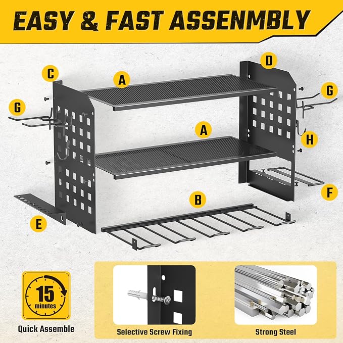 SUNALLY Power Tool Organizer, Wall Mount Garage Tools Storage Rack, Black | Metal Tool Storage Rack with 4 Drill Holders, Heavy Duty Power Tool Shelf for Garage,Warehouse,Workshop, Gift for Men,Husband