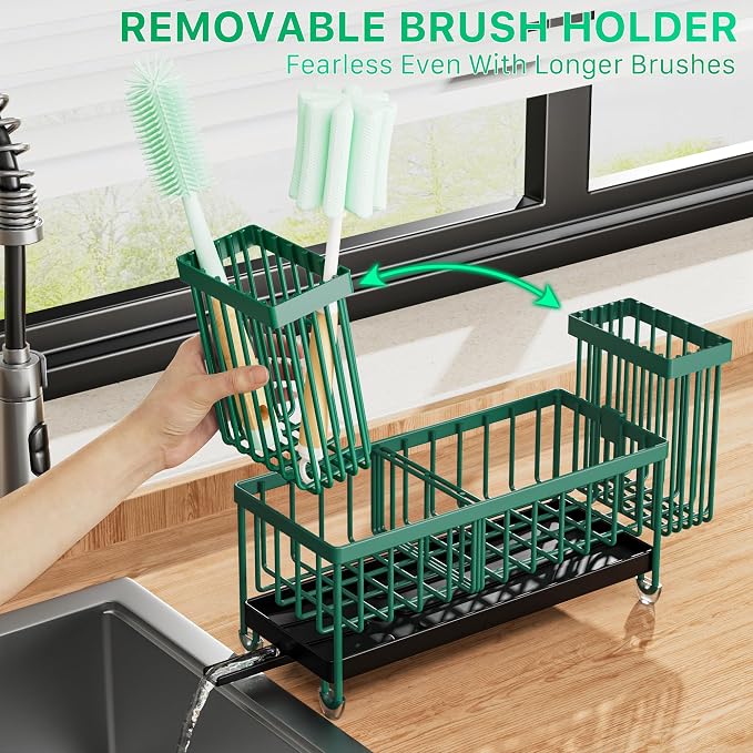 Cisily Sponge Holder for Kitchen Sink, Sink Caddy Organizer with High Brush Holder, Kitchen Countertop Organizers and Storage Essentials, Rustproof 304 Stainless Steel (Dark Green, 9.25″)