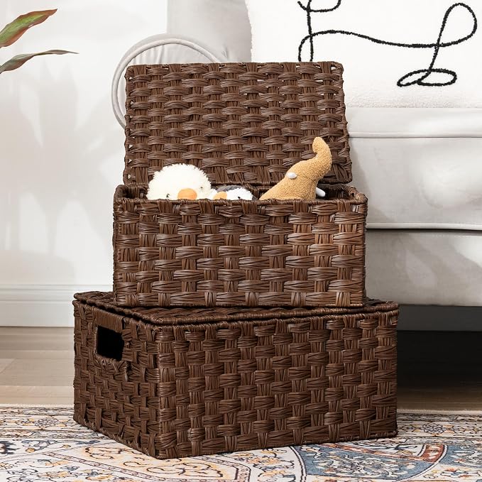 Granny Says Wicker Basket With Lid, Decorative Storage Baskets For Shelves | Woven Baskets With Lids, Wicker Baskets For Storage, Decorative Storage Boxes, Woven Stackable Basket with Lid for Organizing