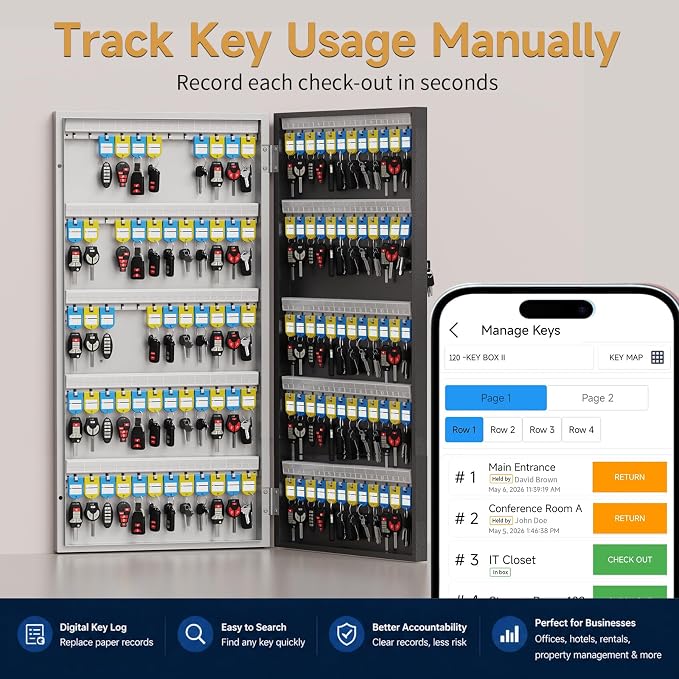 120 Key Lock Box Smart Key Organier Cabinet with Keypad & App for Office | Wall Mounted Lockbox use App, Custom & One Time Password, WiFi (Need W100 Bridge) Unlock for School, Office, Fleet, Hotel