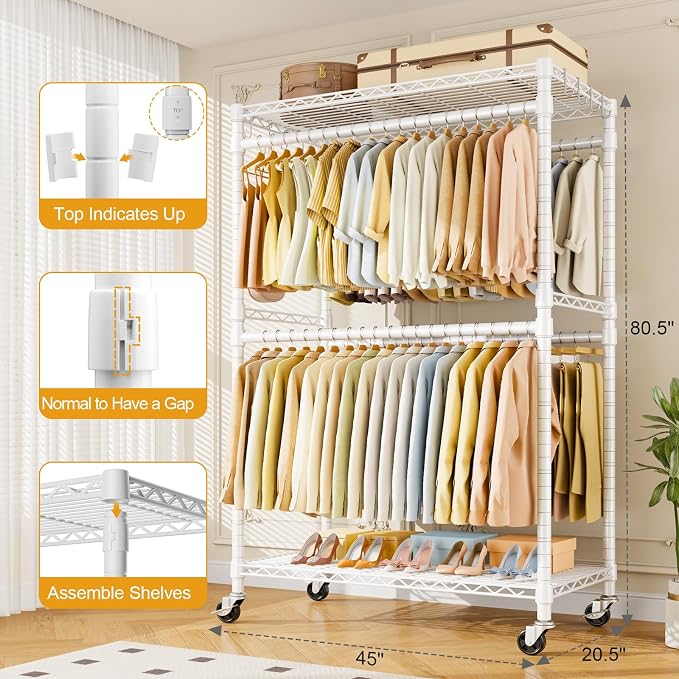 ULIFHOME Rolling Clothes Rack, Clothing Racks for Hanging Clothes, White | P4 Plus Heavy Duty Garment Rack with Wheels, Free Standing Portable Closet Racks 45''W × 20.5''D × 80.5''H, Max Load 570 Lbs