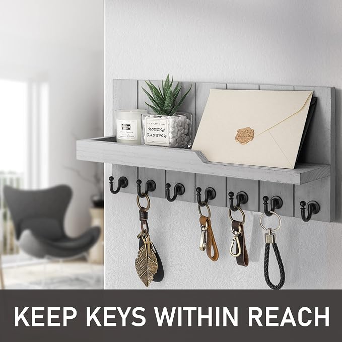 Rebee Vision Key Holder Wall Mount with 7 Hooks & Shelf for Entryway, Gray | Key Holder for Wall, Floating Shelf, Mail Organizer, Rustic Key Rack, Home Essentials for Home Improvement