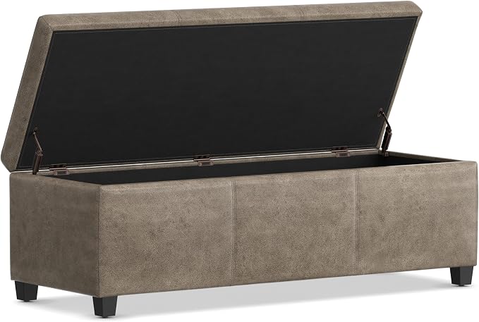 SIMPLIHOME Avalon Storage Ottoman Bench - 48" Wide x 16" High Upholstered Vegan Leather Rectangular Lift-Top Ottoman in Distressed Smoky Grey Brown, Transitional Storage Bench with High-Density Foam