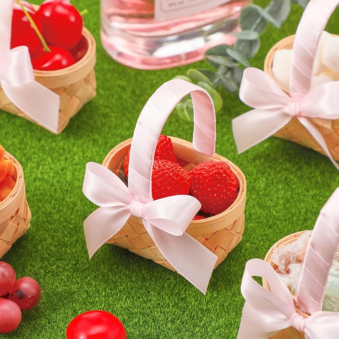 12 Pcs Mini Flower Girl Basket Mini Woven Baskets with Handles Wood Chip Flower Fruit Picnic Holder with Pink Ribbon Chip Bucket for Wedding Party Gifts Baby Shower Birthday Party Decoration