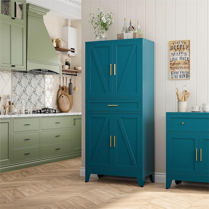 Bevivog 71" Kitchen Pantry Cabinet, Metal Storage Cabinet with Drawer, 2 Doors and 4 Adjustable Shelves Cabinet for Home Office Laundry Living Room Farmhouse Blue Metal Pantry