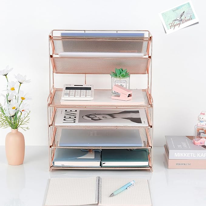 OPNICE Desk Organizers and Accessories, 6-Tier Letter Tray Paper Organizer, Desktop File Organizer, Office Desk Accessories for Office Supplies (Rose Gold)