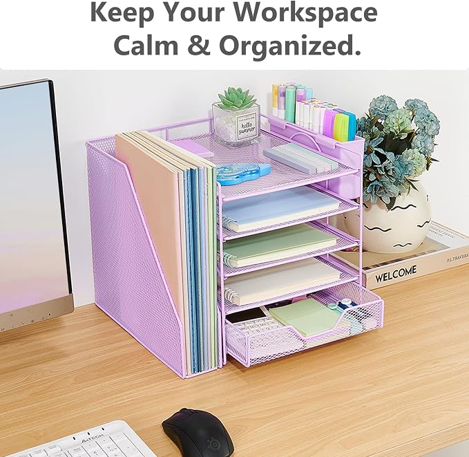 Desk Organizers and Accessories, 5-Tier Paper Letter Tray Organizer with File Holder, Drawer & Pen Holder, Office Desk Accessories, Desktop Organizer for Classroom Office Supplies, Purple