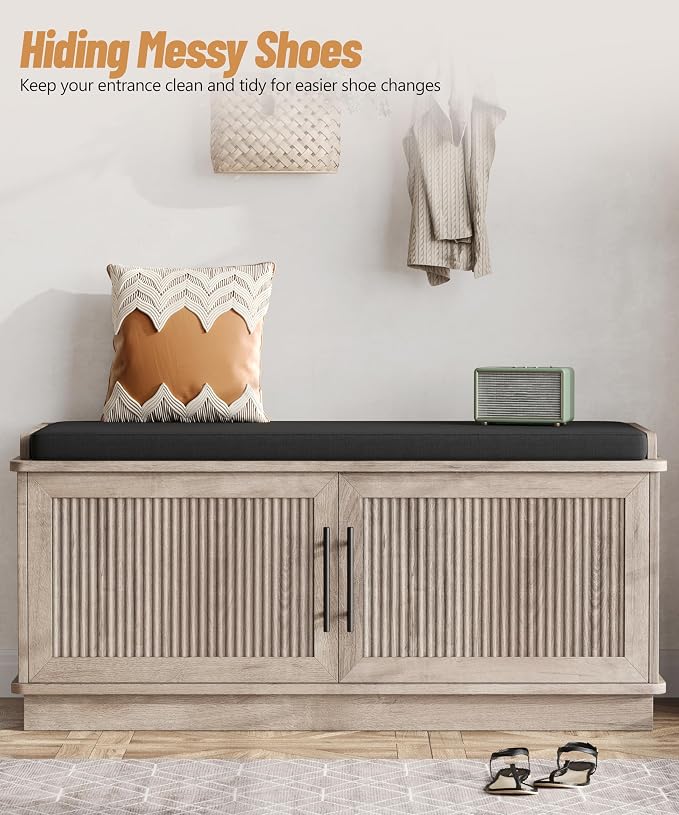 Akxomel 39.4" Fluted Shoe Storage Bench 2 Doors Wooden Entryway Bench Greige