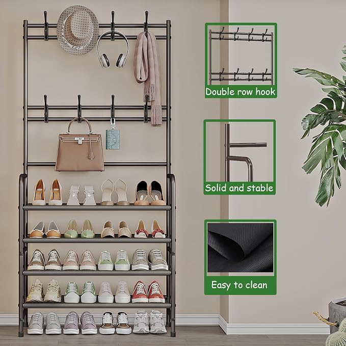 Coat Rack Shoe Rack With Storage Hooks Standing Organizer 4 Tier | Metal Freestanding Hall Tree for Clothes Hats bag Scarves Space Saving Design for Entryway Bedroom living Closet Office,Brown