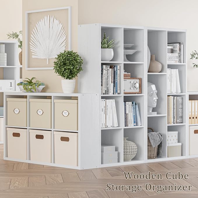 VDNEND Cube Storage Organizer Bookcase, Decorative 11 inch Open Back Cubical Shelf with Thickened Border, Display Bookshelf for Living Room, Home Office, Sturdy Room (White, 6 Cube)
