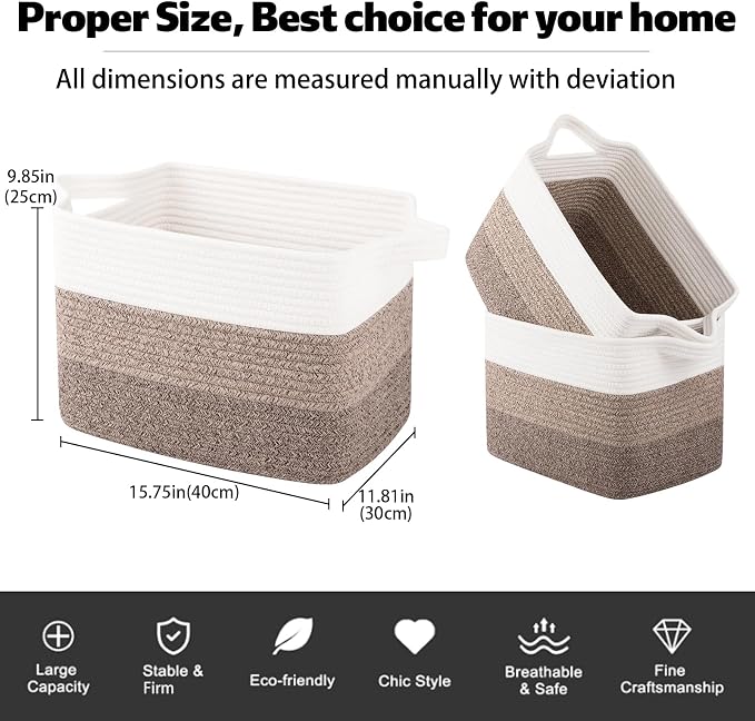 OIAHOMY Woven Storage Basket, Cotton Rope Baskets for Toys,Towel, Clothes, Used to Bathroom,Living Room,Nursery,Bedroom, 16"x12"x10"- Pack of 3, Gradient Dark Brown