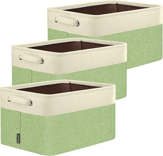 BALEINE 3 Pack Fabric Closet Storage Bins for Shelves, Linen Closet Organizers and Storage, Decorative Baskets for Organizing, Shelf, Clothes, Home, Office (Green, 14''x10''x8.5'')