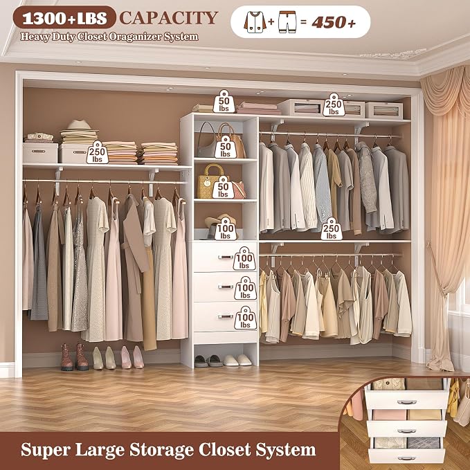 120 Inches Closet System, 10FT Walk In Closet Organizer with 3 Shelving Towers, Heavy Duty Clothes Rack with 3 Drawers, Built-In Garment Rack, 120" L x 16" W x 75" H, Max Load 1300 LBS, White