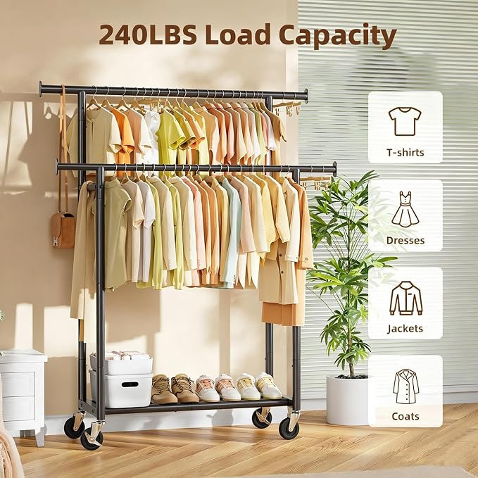 Simple Trending Clothes Rack, Double Rods Clothing Rack with Shelf, Black | Metal Garment Rack, Portable Wardrobe Closet, 360° Lockable Wheels, Multifunctional Use, Bedroom, Laundry Room