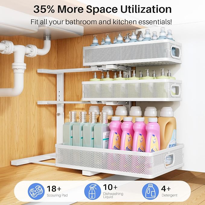 Under Sink Organizer, 3-Tier Thickened Metal Pull out Cabinet Organizer Shelf, Height Adjustable Slide out Storage Drawer Rack for Kitchen Bathroom Pantry Laundry Home Organization, 1-Pack, White | 35% Extra Storage Capacity, Carbon Steel, Hold Up 55lb...