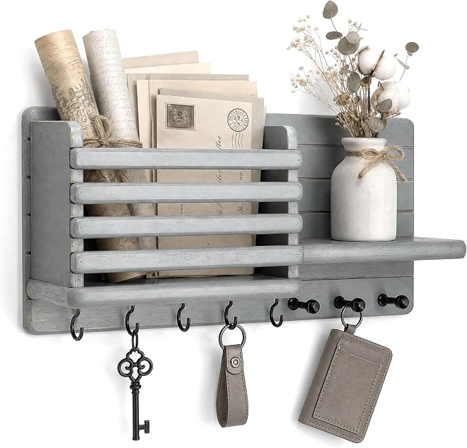 Rebee Vision Key Holder Wall Mount with Mail Slot for Room Decor, Gray | Pine Wood, Key Holder for Wall, 8 Key Hooks, Mail Organizer, Round Corner, Home Improvement, key Hanger Apartment Aesthetic