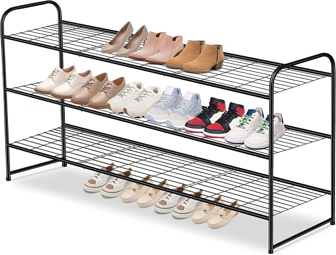 AOODA Long 3 Tier Metal Shoe Rack for Closet Wide Stackable Shoe Storage Organizer for Entryway, Bedroom, Floor, 24-Pairs Men Sneakers Shoe Shelf with Wire Grid, Black